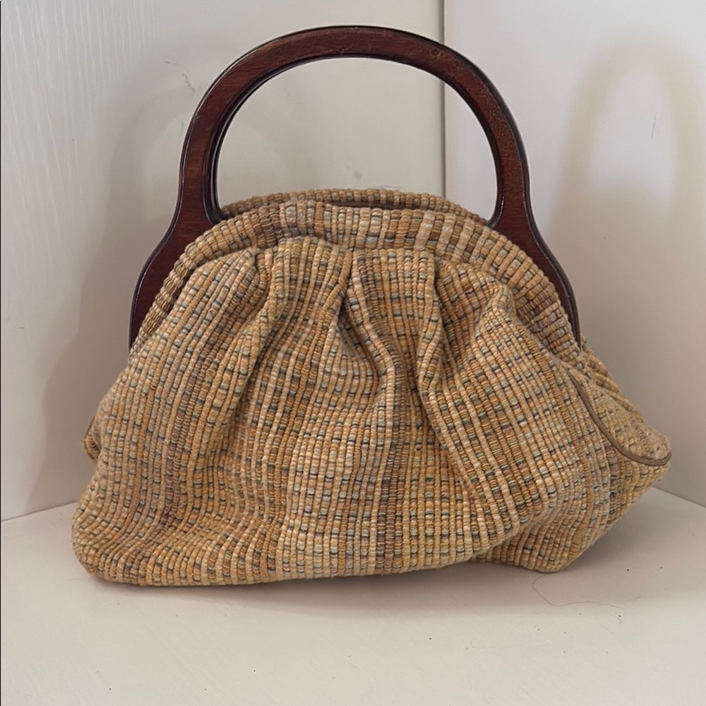 Vintage Banner House Asheville NC Wooden Handle Woven Handbag Purse Boho Cottage